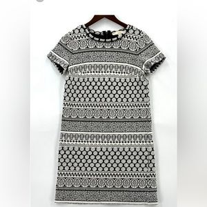 Loft Womens Dress Shift Short Sleeve Batik Round Neck Black White Size S